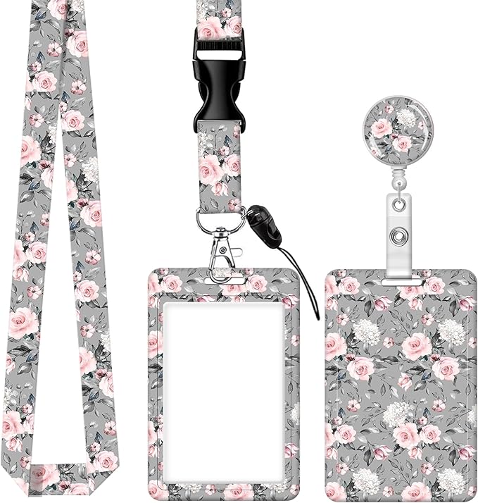BLOCIT ID Badge Holder with Lanyard and Retractable Badge Reel Clip, Cute Card Name Tag Lanyard Vertical ID Protector Bage Clips for Nurse Doctor Teacher Student（Gray Pink Roses Flower）