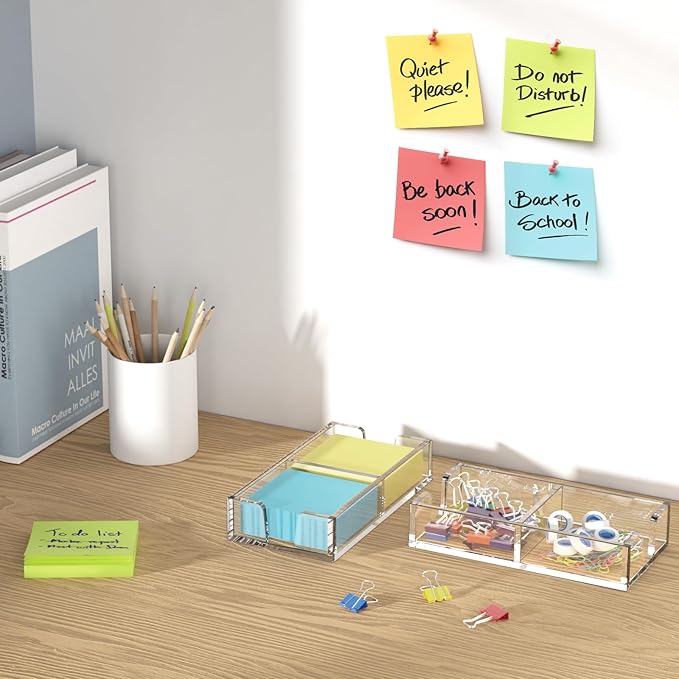 WINFFOR Acrylic Notepad Holder Dispenser - 3x3 in 2IN1 Sticky Note Memo Holder for Desk Organizer (W/O Pads) Office Desk Accessories School Supplies, Crystal Clear