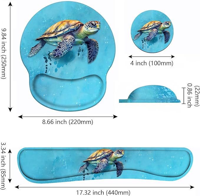 Keyboard Wrist Rest and Mouse Pad Wrist Support Set with Coasters, Non-Slip PU Base Ergonomic Gaming Mousepad for Home Office Working Studying Easy Typing & Pain Relief - Sea Turtle