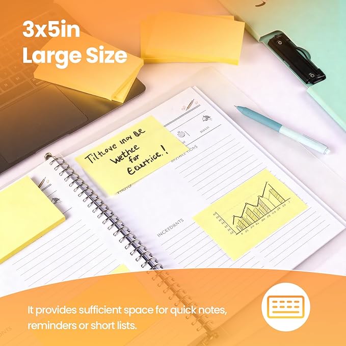 3 in x 5 in Large Sticky Notes, 76 x 127 mm 6 Pads Assorted Self-Stick Pads for Notebook,Office,School and Home,80 Sheets/Pad (24 Pads Yellow)