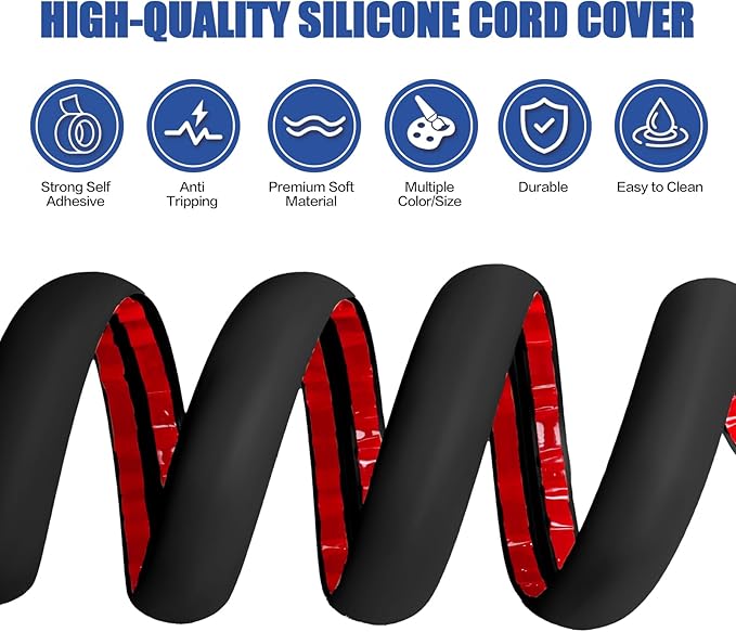 Floor Cord Cover Cavity 0.8"x0.37" Self Adhesive Cord Hider, 10FT Low Profile Cable Management, Extension Strip Protector for Wires, Prevent Cable Trips for Offices, Gyms, Exhibitions（Black）