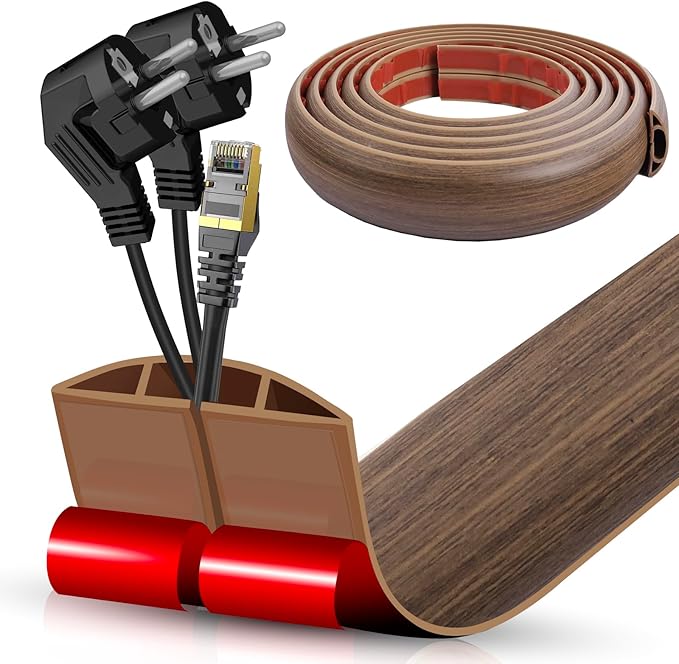 Floor Cord Cover Cable Cavity Self Adhesive Cord Hider Floor Floor Cable Management Power Cord Protector Floor Electric Cord Covers for Offices, Gym, Exhibitions (Misty Brown Wood, 2.36" x 10')