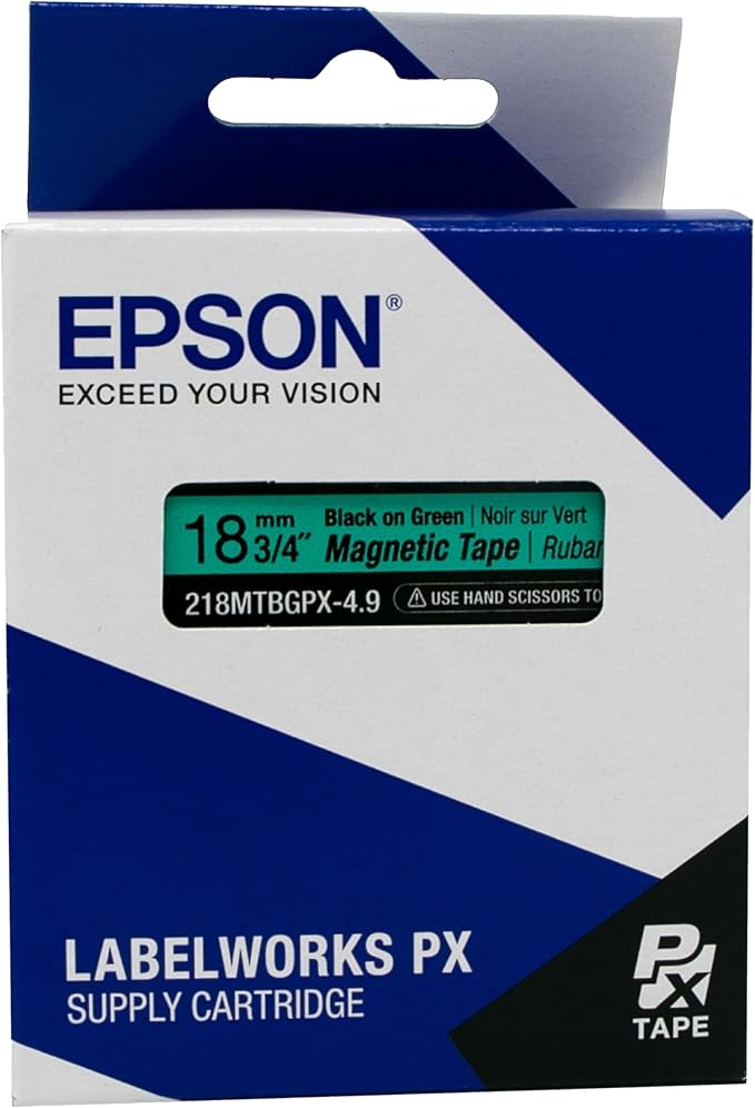 Epson LABELWORKS 218MTBGPX-4.9 Genuine Magnetic Tape Cartridge - Black on Green Magnet Label Maker Tape - 3/4" (18MM) Wide, 4.9 ft, Green