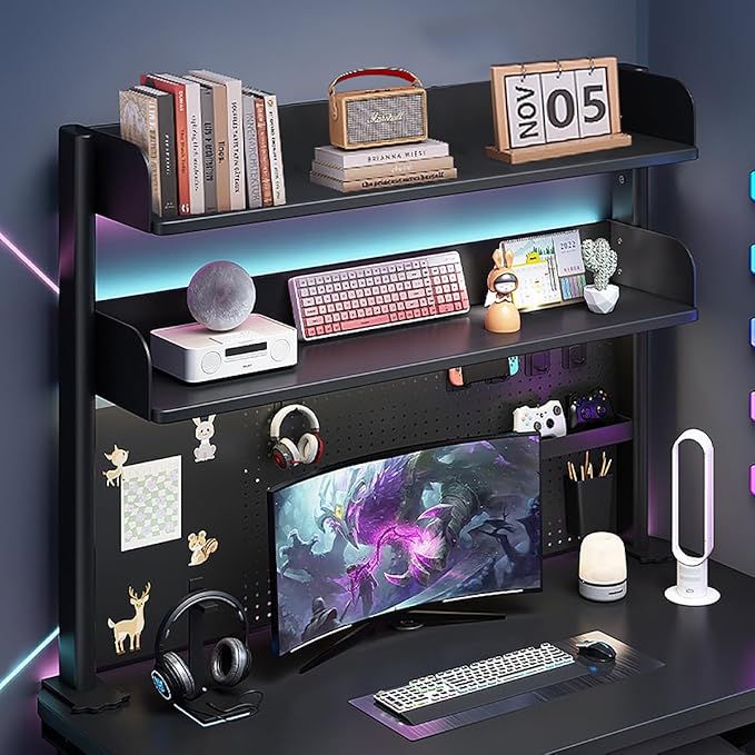 Clamp on Desk Shelf with Pegboard, Black Desktop Organizer Bookshelf Storage Shelves for Home Office Dorm Gaming Desk, Space Saving Tabletop Display Rack Organization, 31.5x37.5in