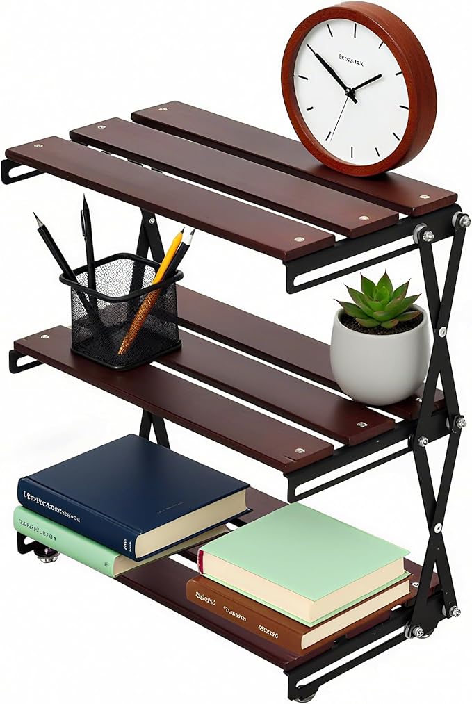 Desk Shelf Organizer 3 Tiers Wood Compact Desk Organizer Storage Rack Metal Frame Office Desk Shelf Organizers,Walnut