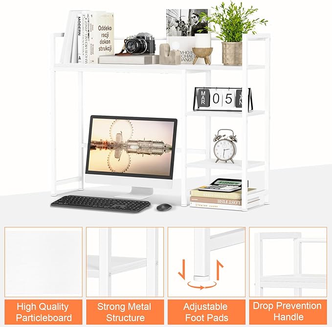 Snughome Desk Shelf, 38.6" Desktop Organizer Shelf, Desk Hutch for Computer Monitor, 4 Tier Desk Display Rack, Wood Desktop Bookshelf Storage Rack for Home Office Dorm, White