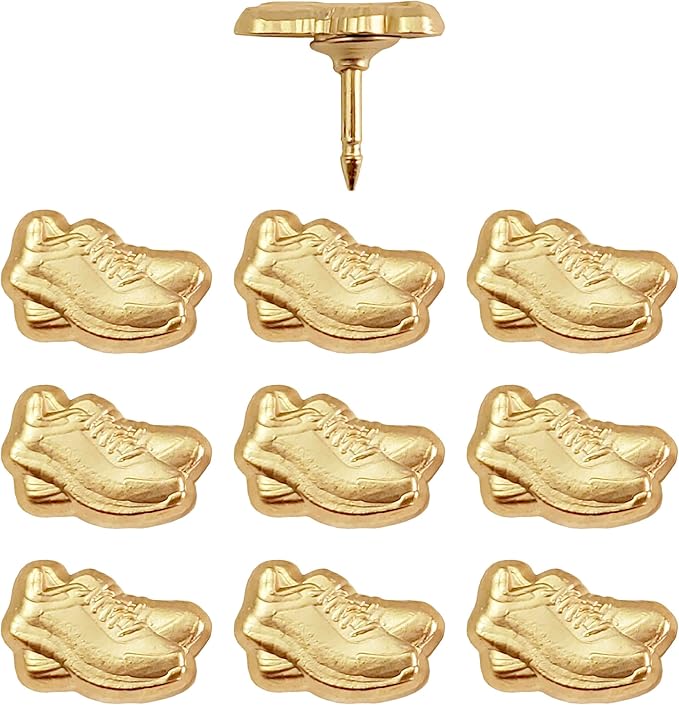 Sneaker Push Pins - Gold Running Shoe Pins - for Cork Board, Maps, or Lapel Pin Use - Designed in USA - Set of 10