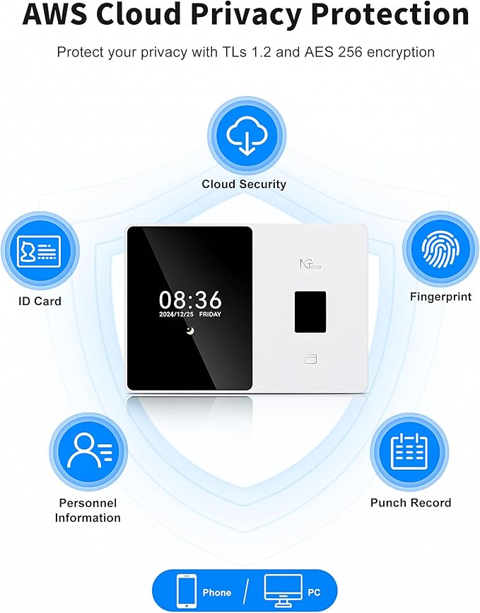 NGTeco Cloud Time Clock for Employees Small Business, Fingerprint+Card Time Clocks With Battery, 2.4G & 5G WiFi Times Clock Punch Machine with Remote Control Software ＆ iOS/Android App (0 Monthly Fee)