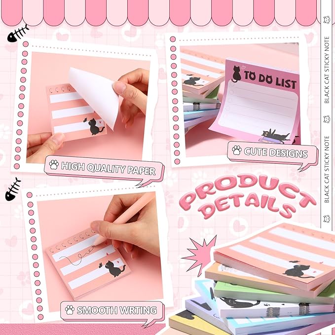 9 Pads Black Cat Sticky Notes 3x3 Inch Cute Self Stick Notepads Notes Adhesive Memo Pad Office Decor Gifts for Students School Teacher Meeting Office Supplies