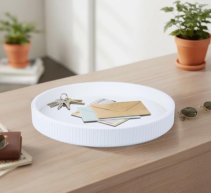 HofferRuffer Round Decorative Tray, Faux Leather Vanity Tray Decor, Decorative Catchall for Perfume, Bathroom Valet, Nightstand or Dresser, 12 x 12 x 1.6 inches (White Stripe)