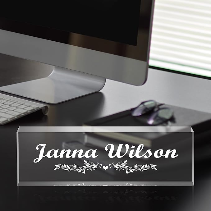 Premium Clear Engraved Acrylic Name Plate for Desk - Personalized Office Decor for Women or Men, Coworkers, Boss, Employee, Teacher (Engraved 2)