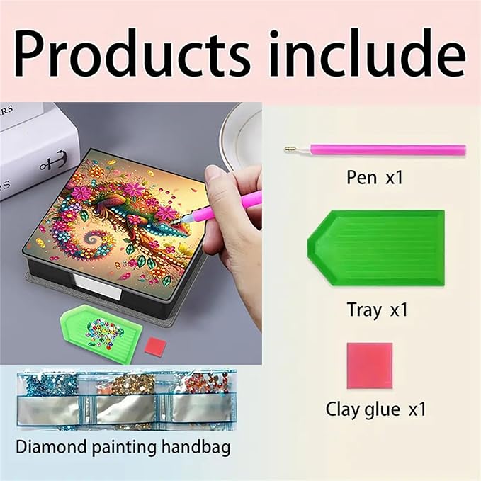 Chameleon Diamond Painting Note Box Memo Pad Holder, Diamond Art Sticky Notes Organizer for Desk, Aesthetic Stationery Storage Case for Office,School Supplies (Chameleon)