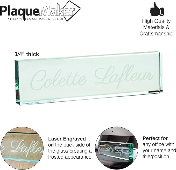 PlaqueMaker NamePlates for Desks, Custom-Engraved Glass NamePlate, Office Decor (Jade) | 8 x 2 inches