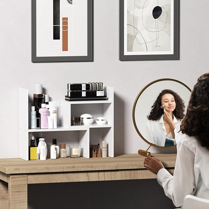 TY ARTS & CULTURE - Expandable Wood Desktop Storage Organizer Multipurpose Desk Bookshelf Display Shelf Rack Counter Top Bookcase for Office Home | Pure White