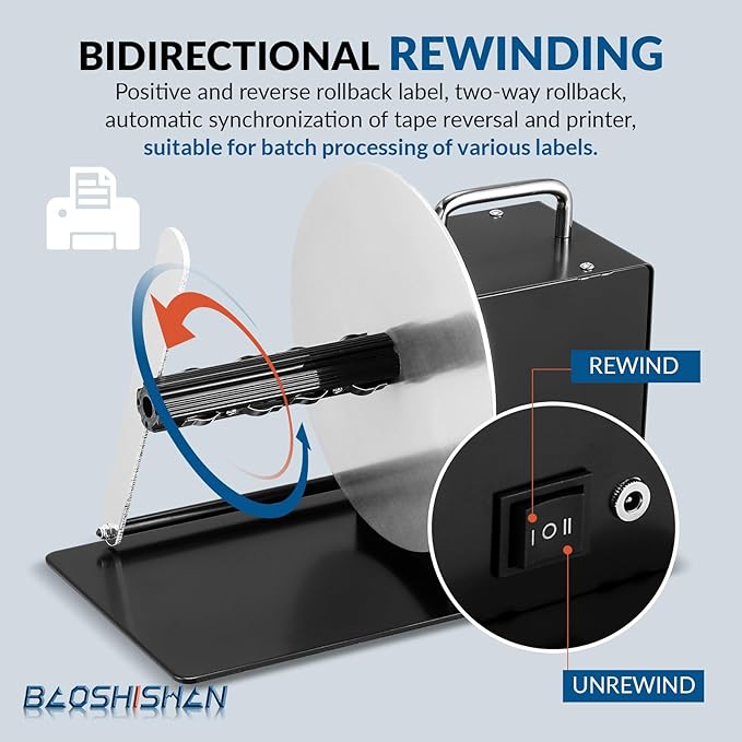 BAOSHISHAN Automatic Label Rewinder Machine Label Width 5.5inch/140mm Core Holder 1/1.5/3inch 100-240V (with Regulator and Baffle)