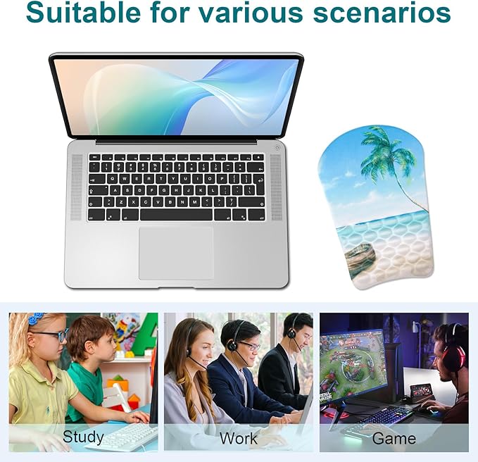 Ergonomic Wrist Mouse Pad with Massage Design, Wrist Rest Pain Relief Mousepad with Memory Foam Non-Slip PU Base, Mouse Pad with Wrist Support for Wireless Mouse & Desk, Y Summer Beach