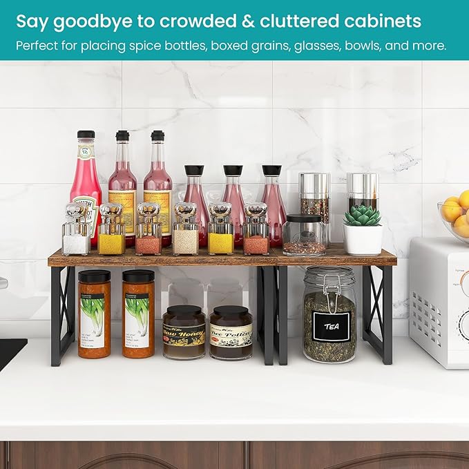 ELITEROO Wood Desktop Shelf, 2 Tier Adjustable Small Bookshelf Organizer, Freestanding Stackable Desk Stand, Storage Organizers, Kitchen Counter Display Rack, Rustic Brown