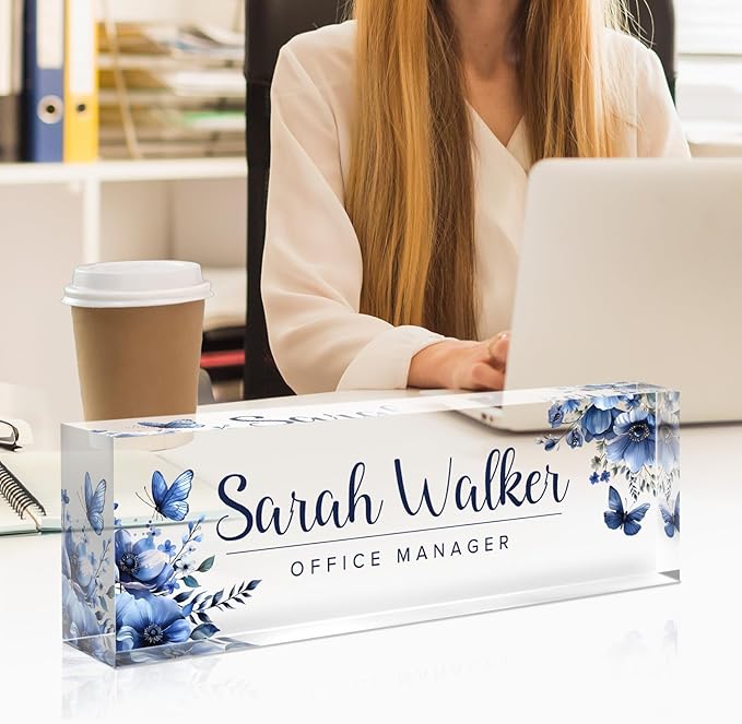 Desk Name Plate Personalized, Custom Name Plates for Desks, Office Desk Decor, Flowers Clear Acrylic Glass Block, Personalized Office Gifts for Women Men Boss Teachers Coworkers Appreciation Gifts
