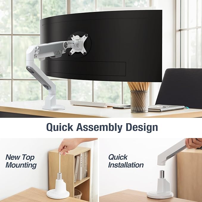 AVLT Single 13"-38" Monitor Arm Desk Mount fits One Flat/Curved/Ultrawide Screen Full Motion Height Swivel Tilt Rotation Adjustable Arm - VESA/C-Clamp/Cable Management - White