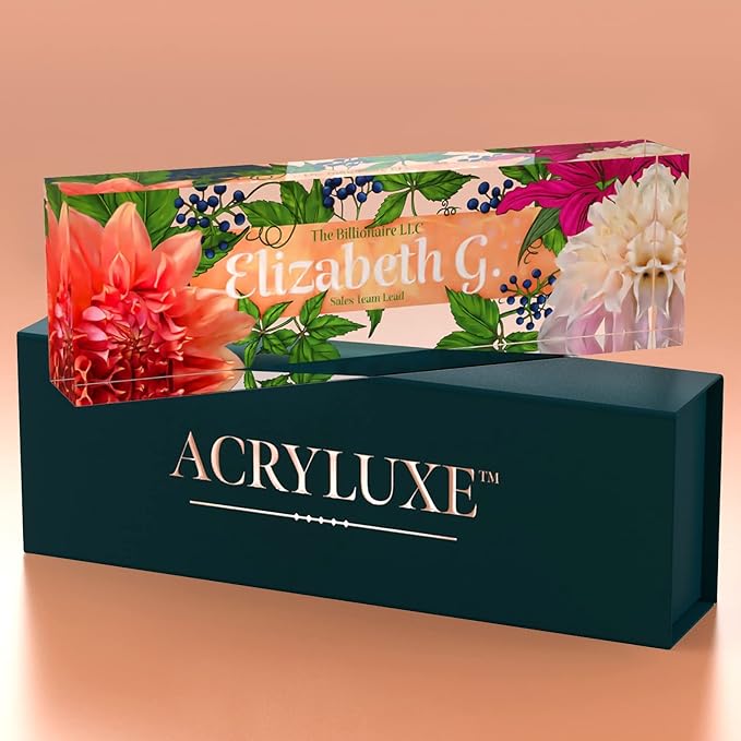 Desk Name Plate Personalized, Custom Name Plates 2½/x8 Inches, Thick Crystal-Clear Acrylic, Gift Box, Office Desk Decor. USA Made by ACRYLUXE (Haute)