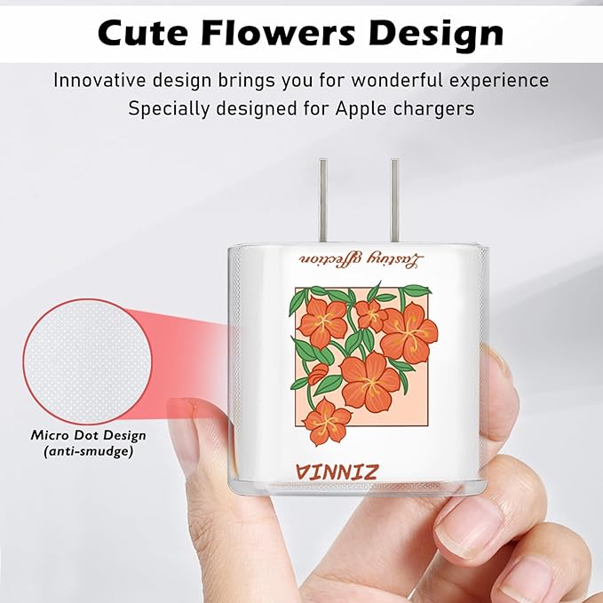 Lovely DIY Cable Protector for iPhone Adapter Charger,Cute Orange Daisy Flowers Design Transparent Data Line Cable Case, Phone Charging Protector for Apple Charger Cover