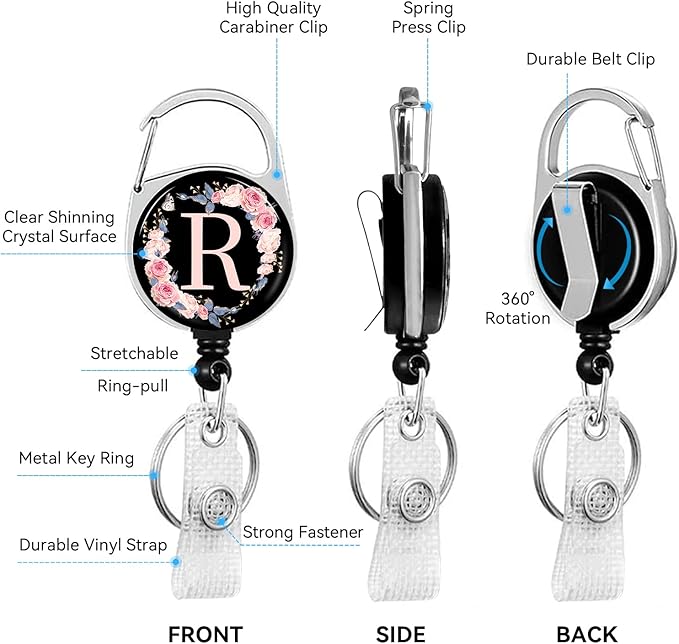 2 Pack A-Z Letter ID Badge Holder with Clip Badge Reels Retractable Heavy Duty,Keychain，ID Holder for School Nurse Office R