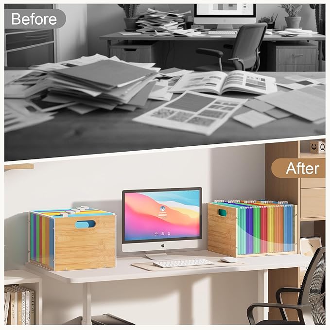 2 Pack Hanging File Organizer, Clear Acrylic File Box Organizer, Bamboo Filing Box File Crate Storage Boxes, Portable Filing Organizer with Handle for Letter Size