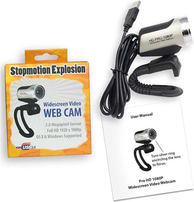 Stopmotion Explosion USB 2.0 HD Pro Widescreen Video Full 1080p Webcam with Built in Microphone and Flex Stand for Windows PC, Laptops and Apple OS X
