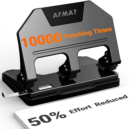 AFMAT 3 Hole Punch Heavy Duty, 9/32" Hole Diameter, 40-Sheet 3 Hole Puncher for Binder, 50% Reduced Effort, Metal Three Hole Punch w/ 10,000+ Uses, Bulit-in S.S. Paper Guide, Large Chip Tray, HPX3