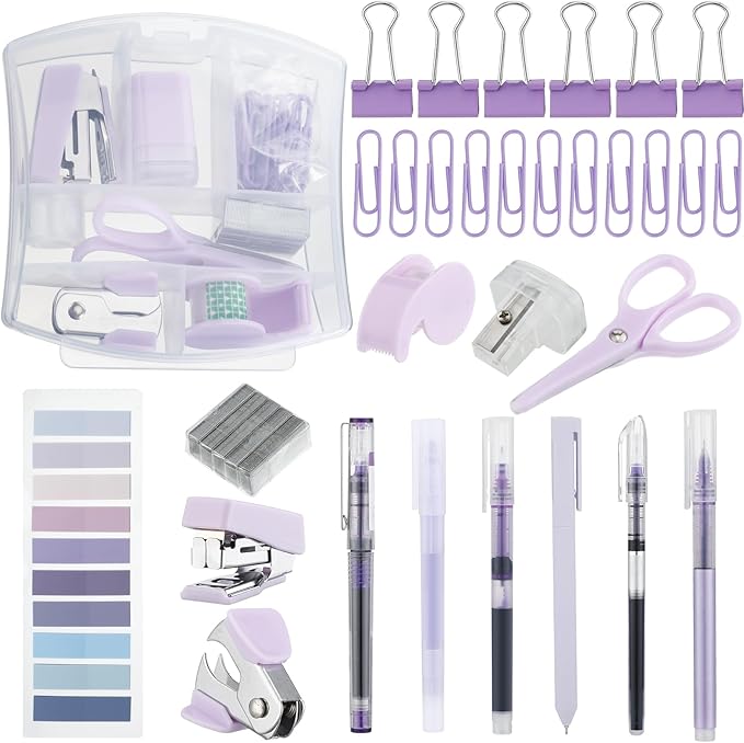 Colarr Mini Office Supply Kit Includes Stapler Tape Dispenser Staple Remover Paper Clips Scissor Staples Pen Sharpener Note Small Telescopic Knife for Office and School Clerk Student (Purple)