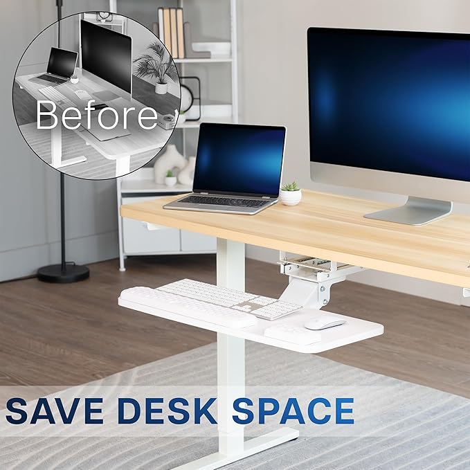 VIVO Premium Adjustable 27 x 11 inch Computer Keyboard and Mouse Platform Tray, Ergonomic Under Table Desk Mount Drawer with Padding, White, MOUNT-KB27P-W