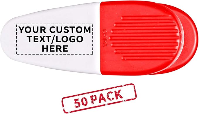 50 Magnetic Memo Holders Set - Customizable Text, Logo - Large Clip, Plastic - White Red