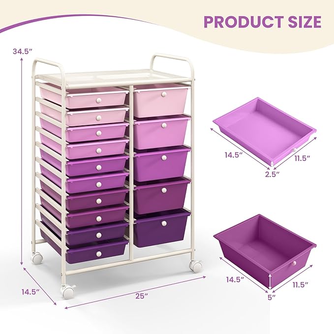 ARLIME 15-Drawer Storage Cart, 15 Drawer Trolley, Rolling Organizer Cart, Scrapbook Paper Organizer, Suitable for Office and School, Rolling Office Storage Tools (Purple Gradient)