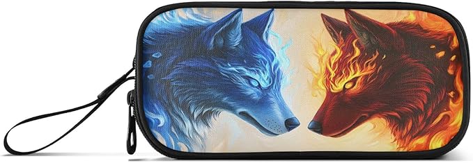 Wolf Ice Blue Fire Pencil Case Box Boys Girls Large Pencil Pouch with Zipper Compartments Big Capacity Stationery Pen Bag Organizer for Kids Teens Adults School