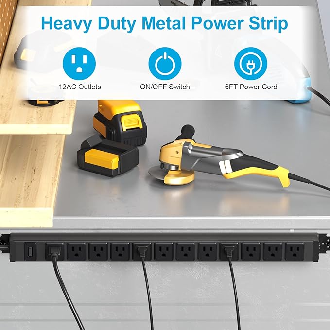 HHSOET 360° Rotating 12 Outlet Mountable Power Strip, Aluminum Alloy Long Power Strip, Heavy Duty Wall Mount Surge Protector with Switch, 6ft Power Cord.