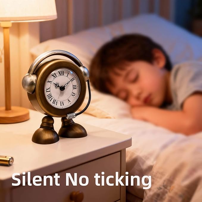 YOUKI Vintage Robot Table Clock on Stand, Decorative Desk and Shelf Clock, Rustic Mantel Farmhouse Silent Non-Ticking,Battery Operated Table Top for Living Room,Musical Gift,Metal