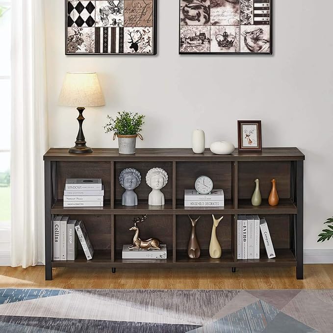 FATORRI 8 Cube Storage Organizer Bookshelf, 62 Inch Rustic Wood Horizontal Bookcase, Industrial Cube Long Book Shelf for Living Room (Walnut Brown)