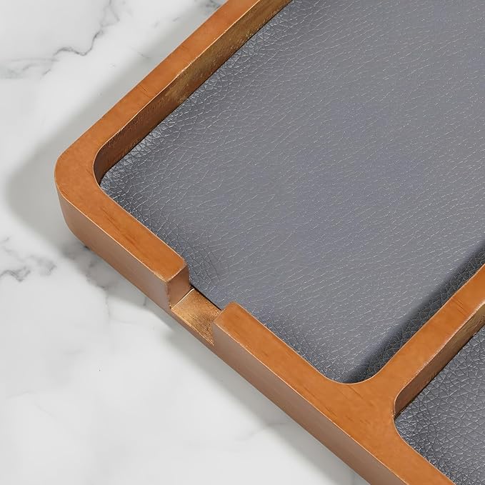 Wooden Valet Tray, 4 Grids Catch All Tray with Leather Inlay Wallet Trays Organizer for Nightstand, Desk, Entryway Stylish Durable EDC Catchall Trays for Keys, Wallet, Watch, Jewelry, Phone