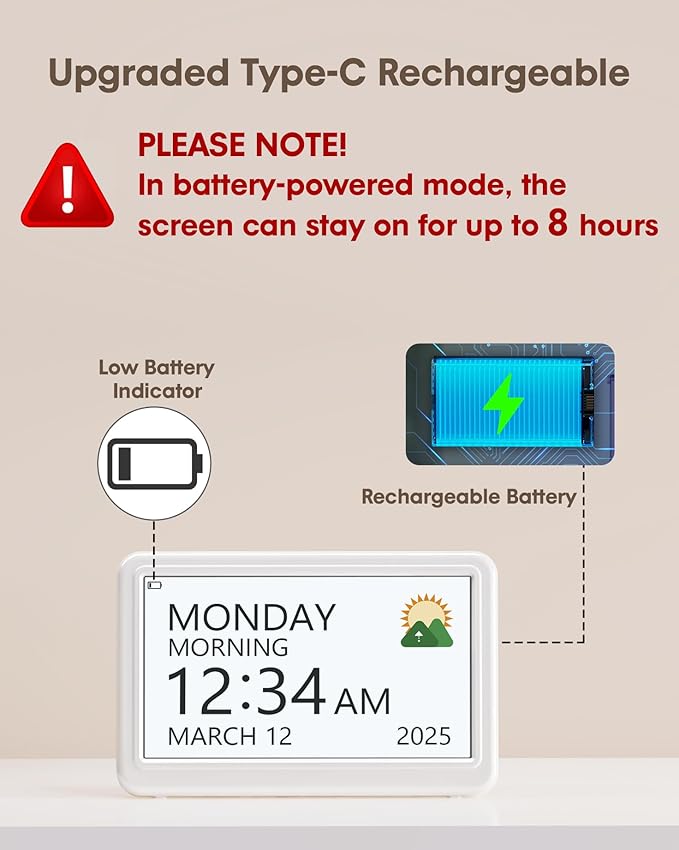 Digital Clock with Date and Day of Week, Dementia Clocks Battery Operated Alarm Clock with 20 Alarms and Medicine Reminders, 7" Large Display Rechargeable Desk Clock for Elderly Seniors Alzheimers