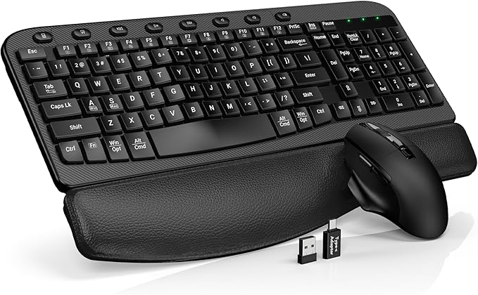 Wireless Keyboard and Mouse Combo – Ergonomic Wave Key, Built-in Leather Soft Palm Rest, 2.4G Full Size, 8 Hotkeys, 6-Button Mouse with 4-Level DPI, Dual USB-A/USB-C, Windows & macOS Compatible