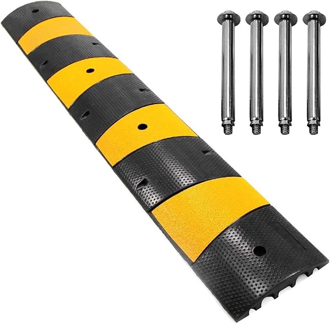 6 Feet Rubber Speed Bumps 1 Pack 2 Channel 27000Lbs Load Capacity 72" Traffic Speed Humps with 4 Bolt Spike for Asphalt Concrete Gravel Driveway