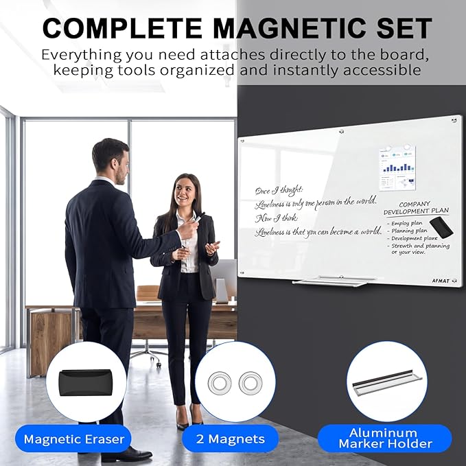 AFMAT Magnetic Glass Whiteboard 96" x 48", 4mm Tempered Glass Dry Erase Board, Large White Board for Wall, w/Magnetic Eraser & Magnets, Frameless Wall Mounted Glass White Board for Office Home School
