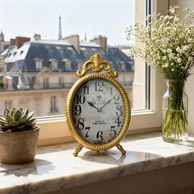 Vintage Gold Table Clock, Retro Oval Desk Clock with Romanesque Frame, Silent Non-Ticking Decorative Clock for Living Room Bedroom Office, Elegant Gift for Home Décor Lovers