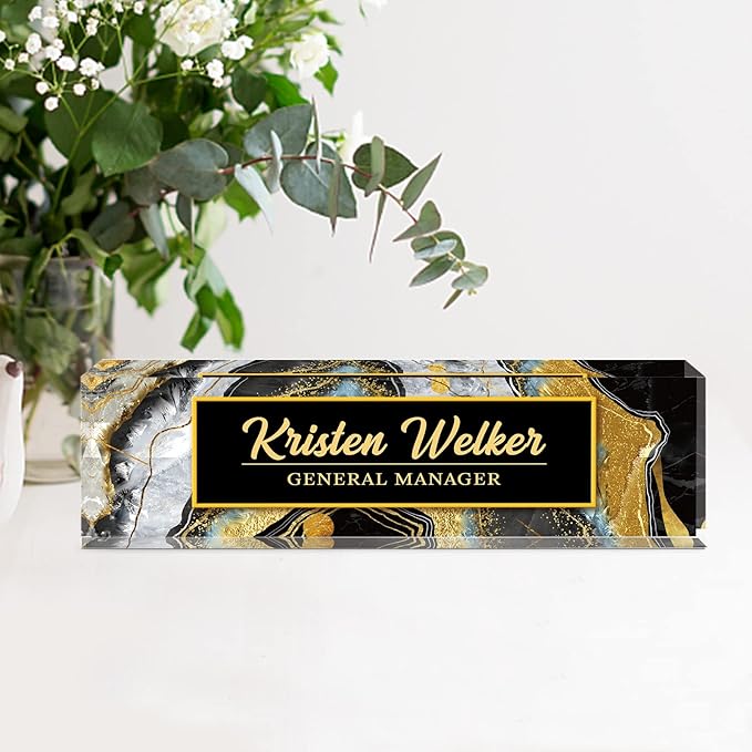 Personalized Name Plate, Custom Office Decor - Acrylic Desk Accessory, Office Gifts for Employees (Black Coast)