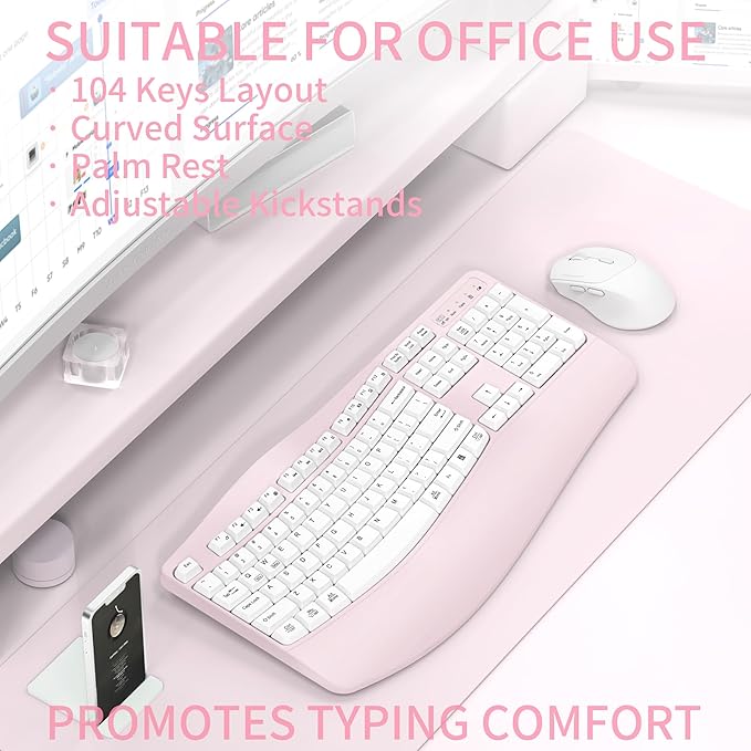 Ergonomic Wireless Keyboard and Mouse Combo, Wave Keys Keyboard with Wrist Rest for Natural Typing, 3 DPI Adjustable Ergonomic Silent Mouse for Computer/Laptop/Windows/Mac (Pink)