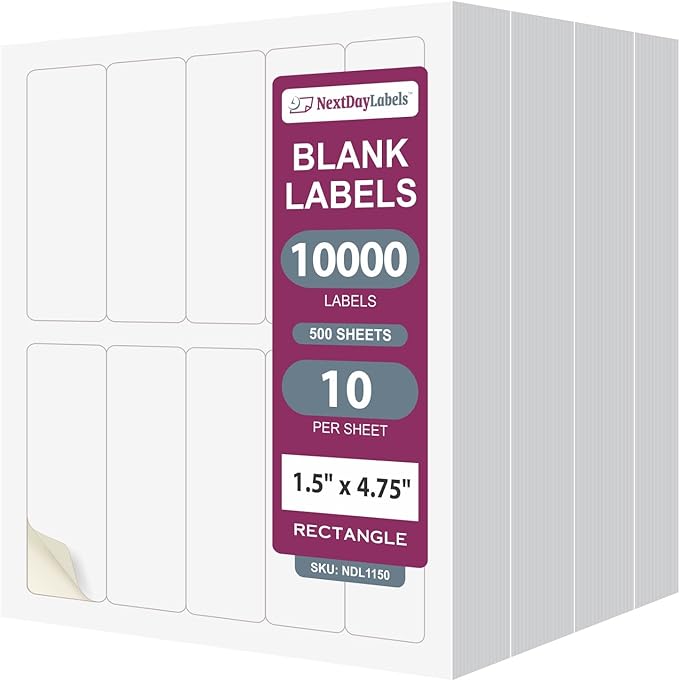 NextDayLabels – 1.5" x 4.75" Rectangle Sticker Labels for Printer - White Laser/Inkjet Printer Labels Return Address Labels Shipping Label Stickers (1000 Sheets, 10 Per Sheet, 10000 Labels)