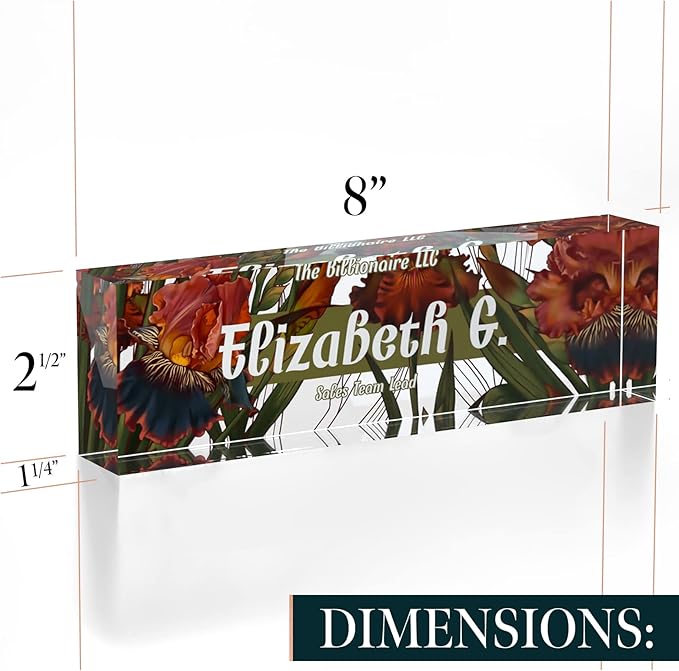 Desk Name Plate Personalized, Custom Name Plates, 2½/x8 Inches, Thick Crystal-Clear Acrylic, Gift Box, Office Desk Decor. USA Made by ACRYLUXE (Iris)