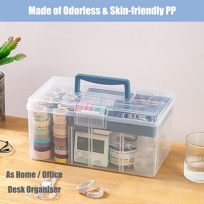 Clear Plastic Arts & Craft Supplies Organizer Box Large with a Removable Tray & A Partition & Handle, Office Home School Desktop Stationery Storage Box, Medicine Box (Clear & Ocean Blue)