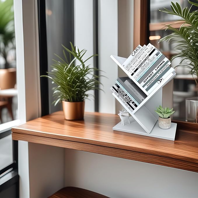Godferyxin Tree Bookshelf, 3-Tier Wood Small Bookshelf and Mini Book Shelf for Office, Home or School Desk Book Shelf for for Displaying Books, CDs, Magazines Wood Storage Rack-Whit
