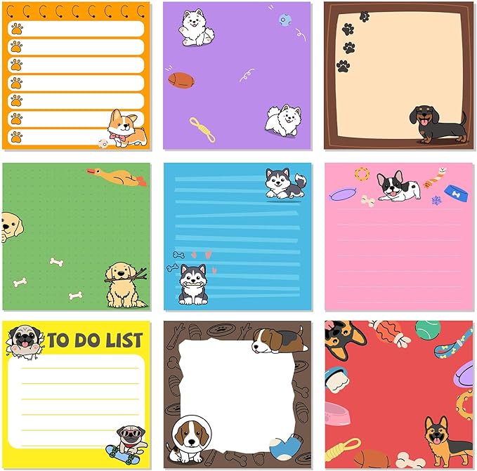 9 Pads Dog Sticky Notes 3x3 Inch Cute Self Stick Notepads Notes Adhesive Memo Pad Office Decor Gifts for Students School Teacher Meeting Office Supplies